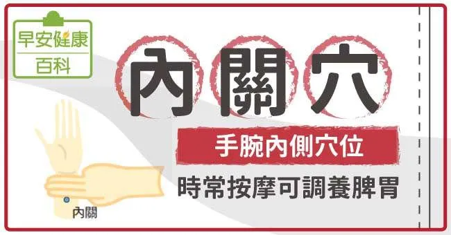 內關穴：手腕內側穴位，時常按摩內關穴可調養脾胃