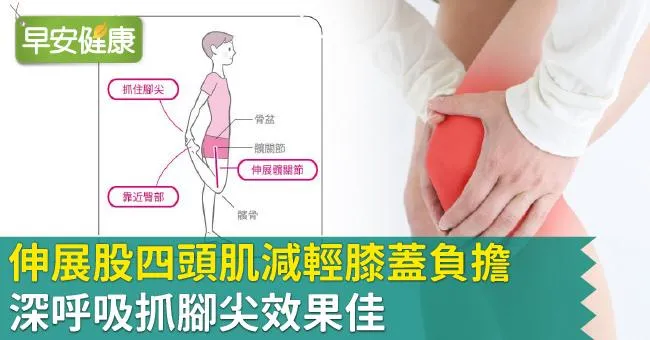 伸展股四頭肌減輕膝蓋負擔，深呼吸抓腳尖效果佳