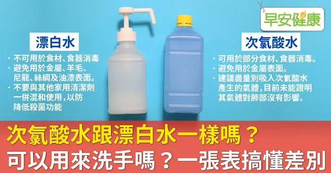次氯酸水跟漂白水一樣嗎？可以用來洗手嗎？一張表搞懂差別