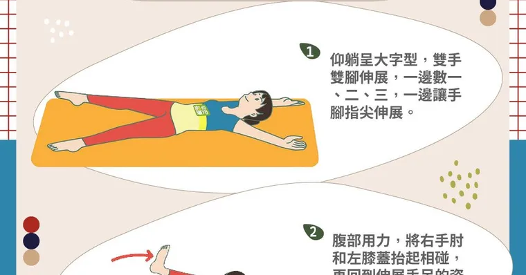 手肘碰膝蓋左右各5下，全身循環活化了、基礎代謝也提高！