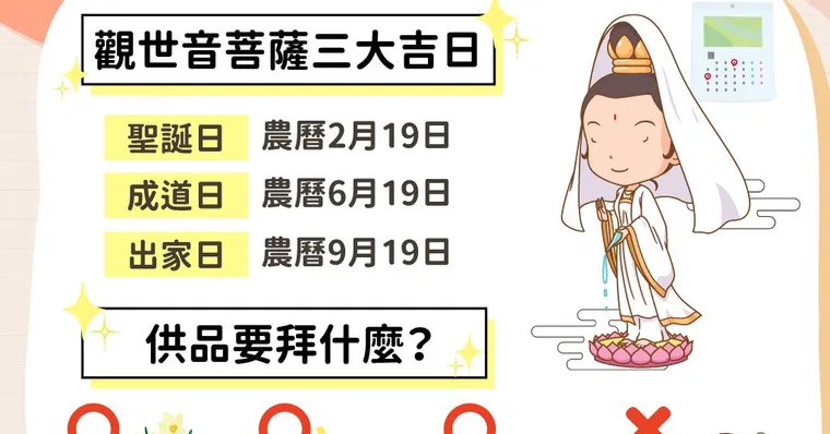 觀世音菩薩生日/成道日/出家日哪一天？如何祭拜？觀音菩薩聖誕供品水果該準備什麼數量有禁忌嗎？