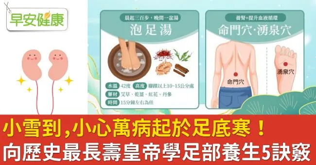小雪到，小心萬病起於足底寒！向歷史最長壽皇帝學足部養生5訣竅