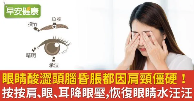 眼睛酸澀頭腦昏脹都因肩頸僵硬！按按肩、眼、耳降眼壓，恢復眼睛水汪汪