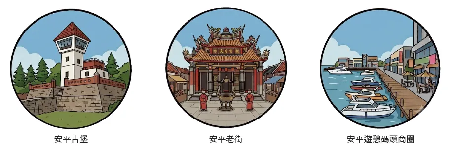 台南市：台南運河星鑽特區→安平劍獅埕→安平古堡→英商德記洋行→安平老街→安平遊憩碼頭商圈