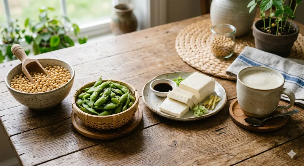 常見植物性蛋白質食物，包括豆漿、豆腐、毛豆與黃豆