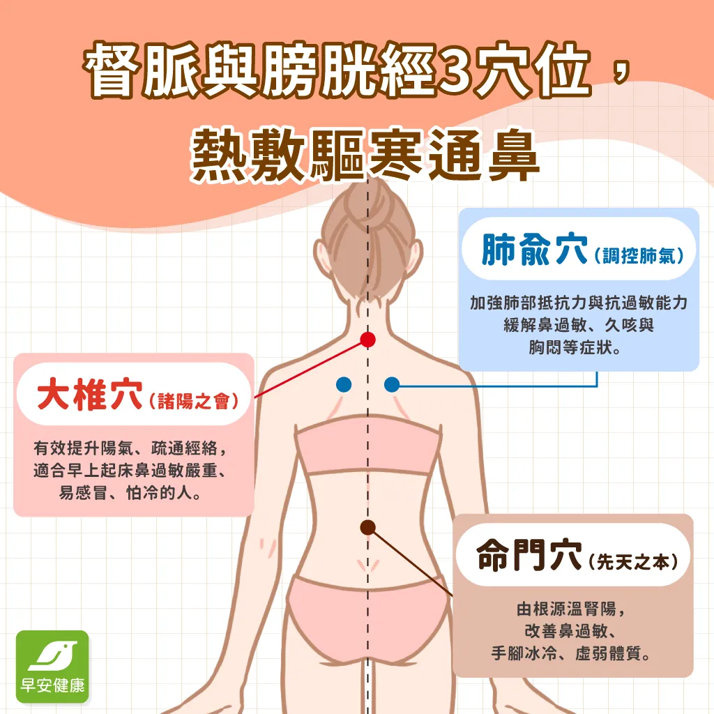 督脈與膀胱經3穴位熱敷祛寒通鼻