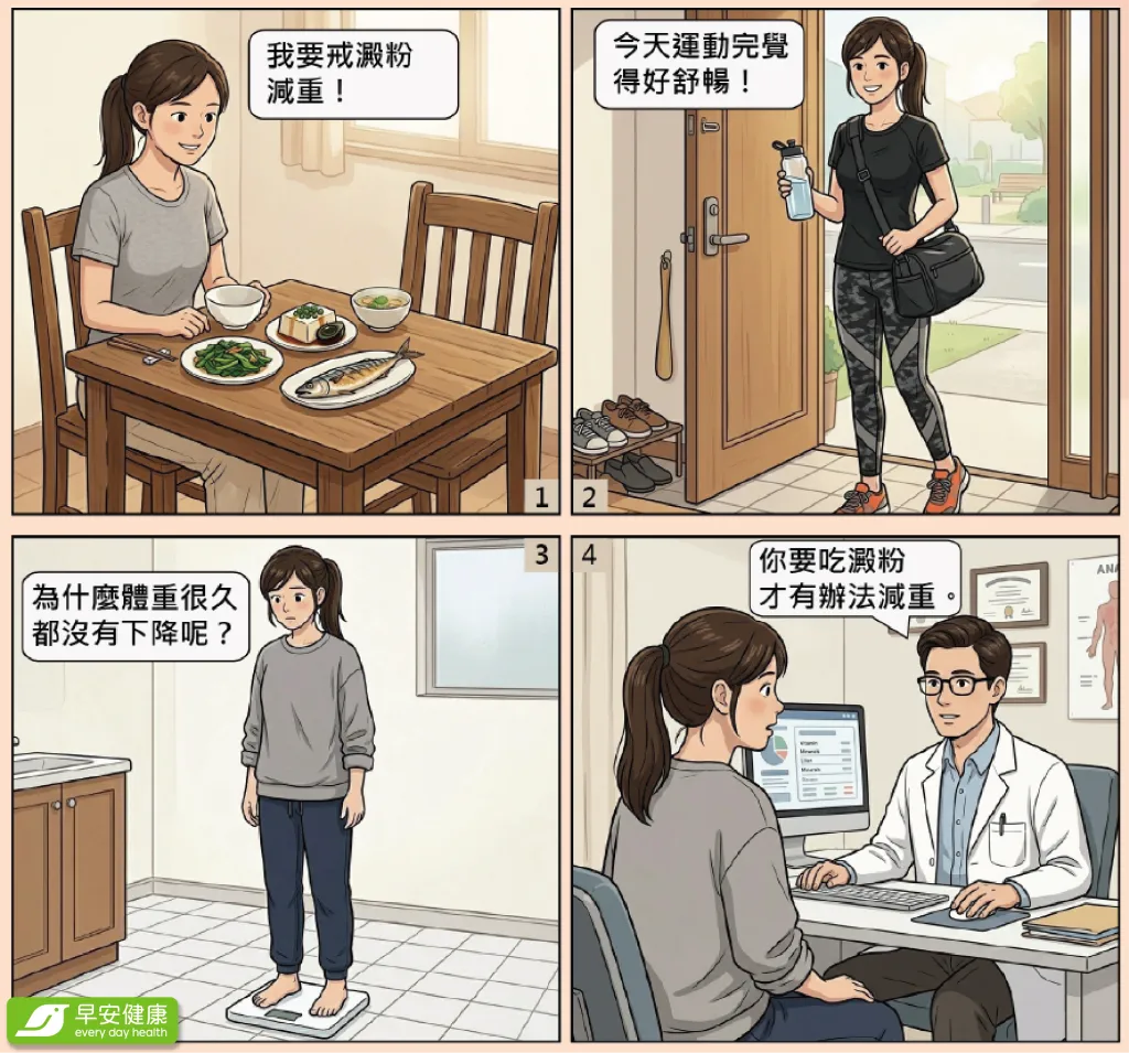 不吃澱粉老更快！醫師點名這3種好澱粉：維持代謝更助減脂_一名女子想戒澱粉減重，又常運動，但體重很久都沒有下降，直到醫師提醒要吃澱粉才有辦法瘦身