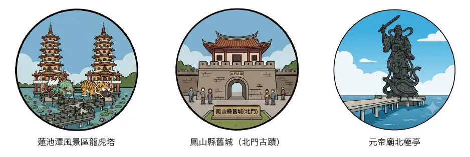 高雄市：捷運生態園區站→原生植物園→洲仔濕地公園→蓮池潭風景區龍虎塔→鳳山縣舊城（北門古蹟）→元帝廟北極亭→左營孔子廟