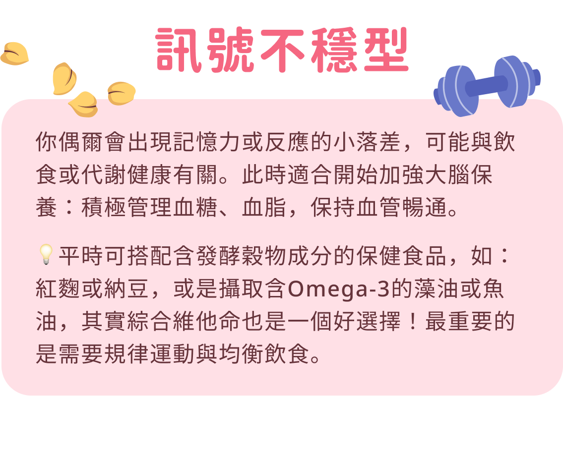 你偶爾會出現記憶力或反應的小落差，可能與飲食或代謝健康有關。此時適合開始加強大腦保養：積極管理血糖、血脂，保持血管暢通。💡平時可搭配含發酵穀物成分的保健食品，如：紅麴或納豆，或是攝取含Omega-3的藻油或魚油，其實綜合維他命也是一個好選擇！最重要的是需要規律運動與均衡飲食。